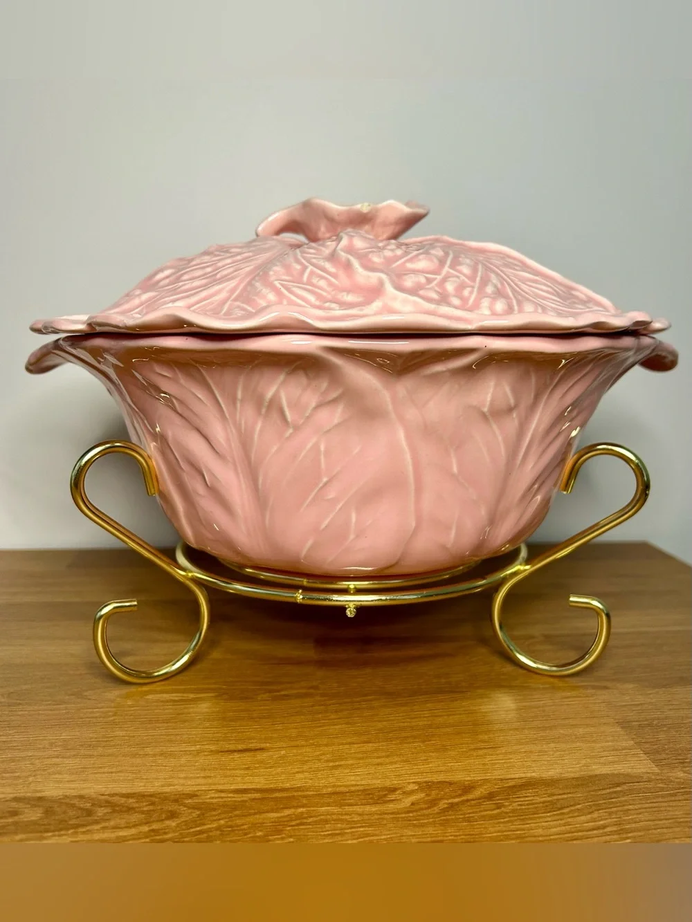 Vintage Pink Cabbage Leaf Casserole Dish with Gold Stand | MCM Miramar Californi